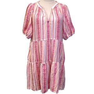 Womens Mini Dress Pink Orange Striped Boho Tiered Cotton - Large